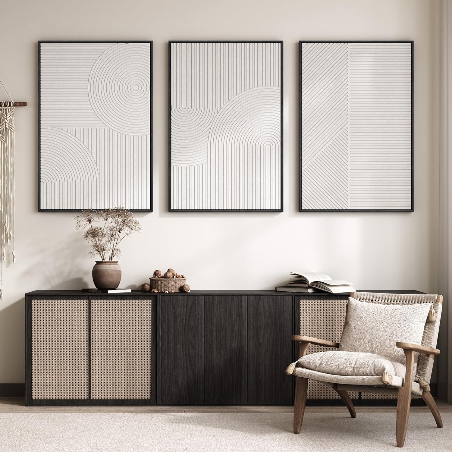 Skiennix Large Framed 3D Textured Abstract Wall Art - Modern White Geometric Decor | 24x36 In, 3 Piece Set