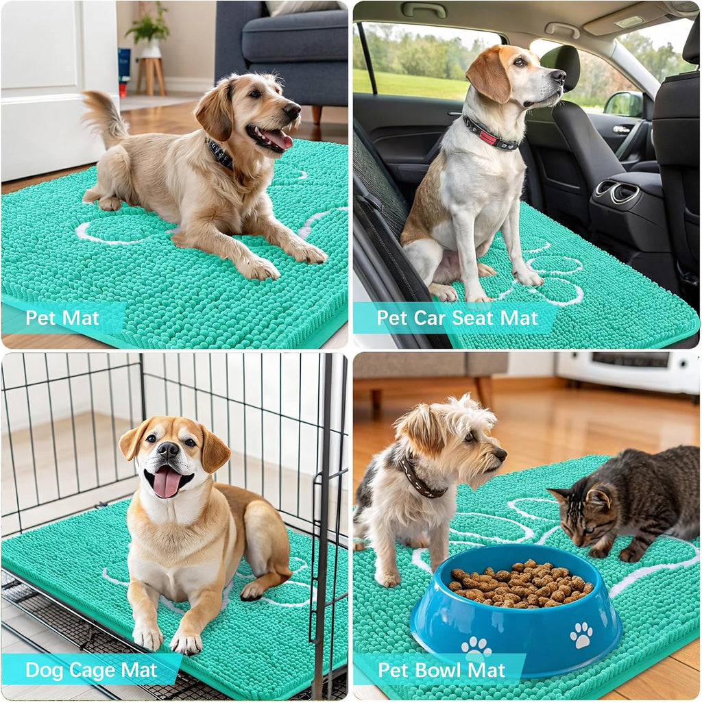 OLANLY Dog Door Mat - Absorbent Non-Slip Chenille Mat for Muddy Paws | 59x35 Teal Paw Print Design