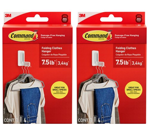 Command Folding Clothes Hanger, Holds up to 5 Hangers 7.5 lb, 1.5lbs per Rung, 1 Hook with 5 Rungs, 4 Strips, Closet Organizer, Home Organization (2 Pack)