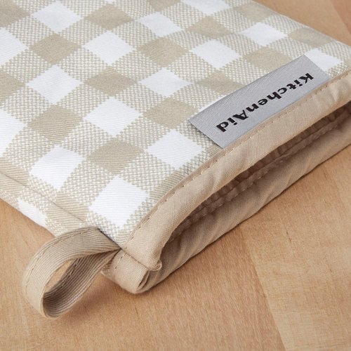 KitchenAid Mini Oven Mitts - Gingham 2-Pack Set in Milkshake Tan, 5.5"x8" for Easy Cooking
