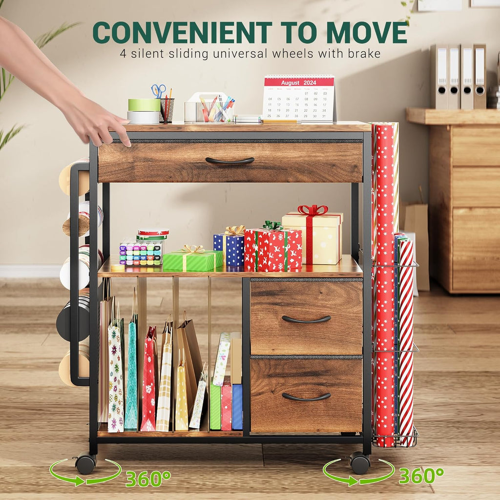 PUNLUXU Wrapping Paper Storage Cart - Rolling Gift Wrap Organizer with Ribbon & Bag Storage | Ideal for Crafts