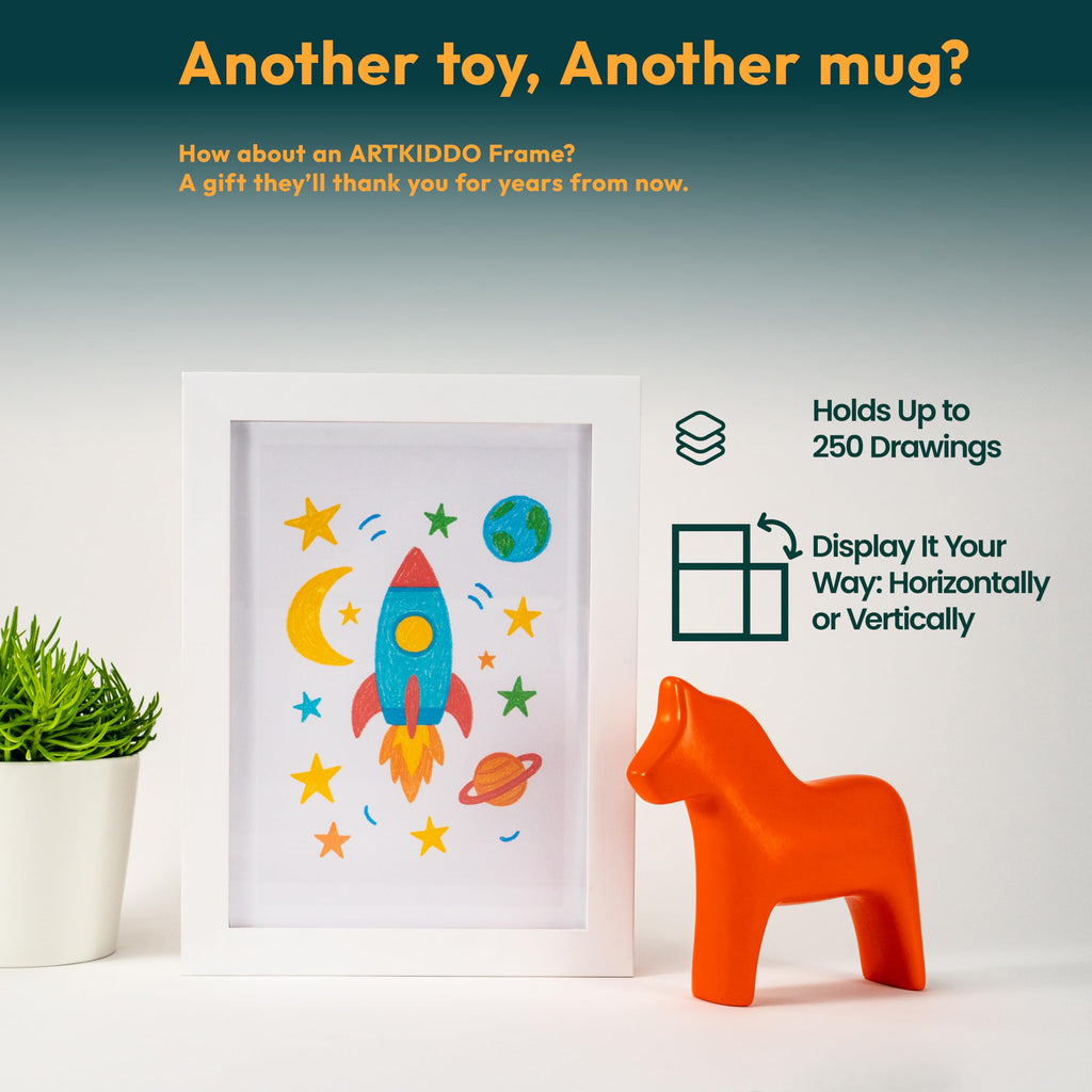 Artkiddo Magnetic Kids Art Frame 8.5x11 – Lift-Top Real Wood Artwork Display & Storage – Strap-Free Changeable Frame Holds 250 Drawings – Freestanding or Wall Mounted - White