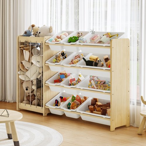 EXPERLAM Kids Toy Storage Organizer, 2-in-1 Stuffed Animal Storage & Toy Organizer w/12 Bins, Solid Wood Toy Rack Featuring Thicker Elastic Ropes to Hold Toys, Playroom Nursery Bedroom Storage, White