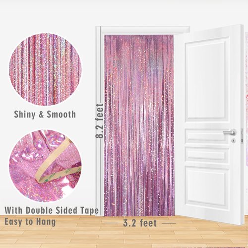 GOER Metallic Tinsel Foil Fringe Curtains - 3.2 ft x 8.2 ft | Perfect for Birthday, Graduation & Wedding Decor (4 Packs, Laser Pink)