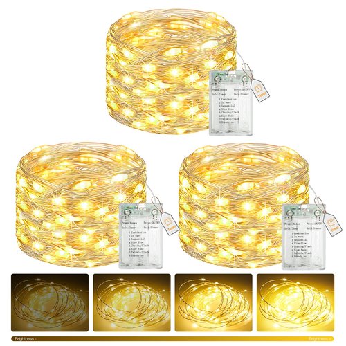 btfarm 3 Pack Fairy Lights Battery Operated with Timer, 16.4 FT 50 LED Silver Wire Twinkle String Lights 8 Modes Dimmable Waterproof for Indoor Christmas Bedroom Wedding Decorations, Warm White