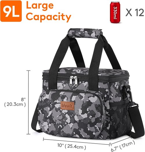 Lifewit Insulated Lunch Bag - Soft Cooler Tote for Adults | Black Camo, 12-Can Capacity (9L)