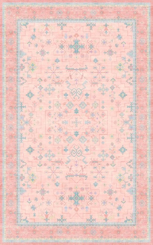 Hazo Haus Washable 5x8 Boho Aesthetic Area Rug - Pink & Blue Vintage Design for Living Room, Nursery, Kids Playroom | Non-Slip Rubber Backing, Stain Resistant