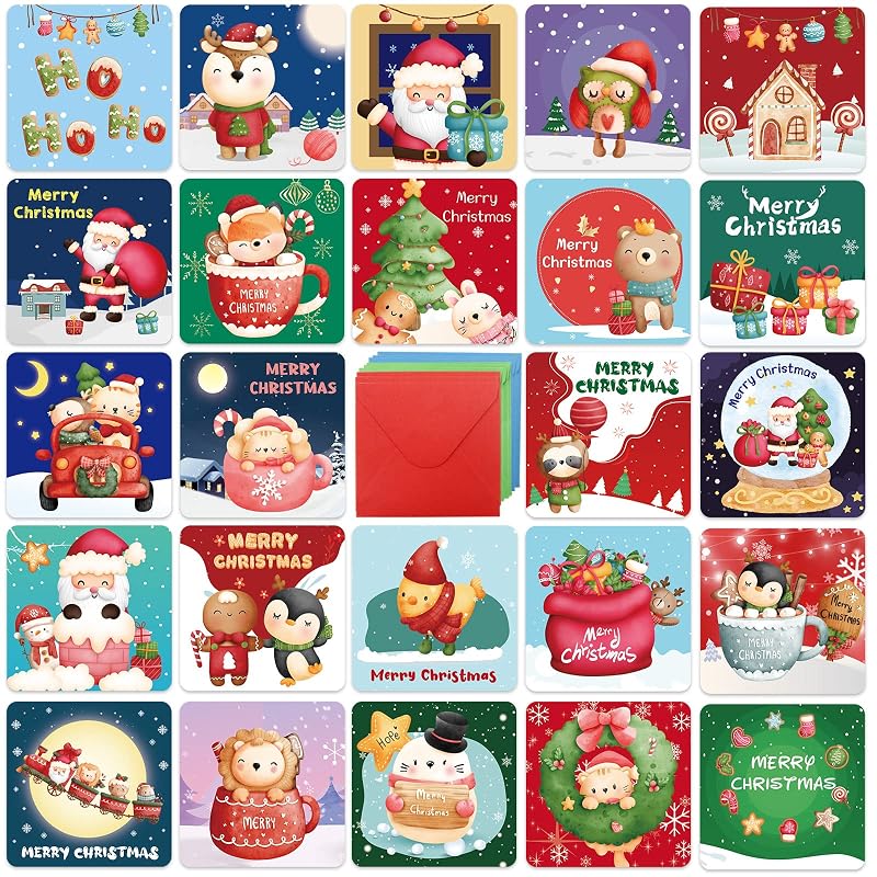 Mini Christmas Cards with Envelopes, 24 Pack – 3x3" Greeting Cards for Kids & Friends