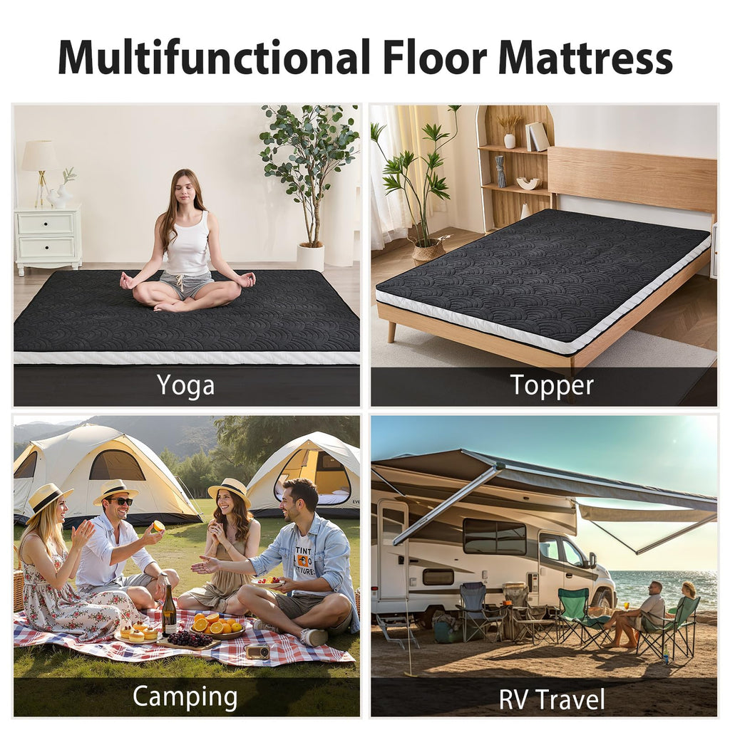 Zelladorra Japanese Floor Mattress, Quilted Futon Mattress with Anti-Slip Bottom, Foldable Floor Bed with Storage Bag and Straps, (Black, Full)