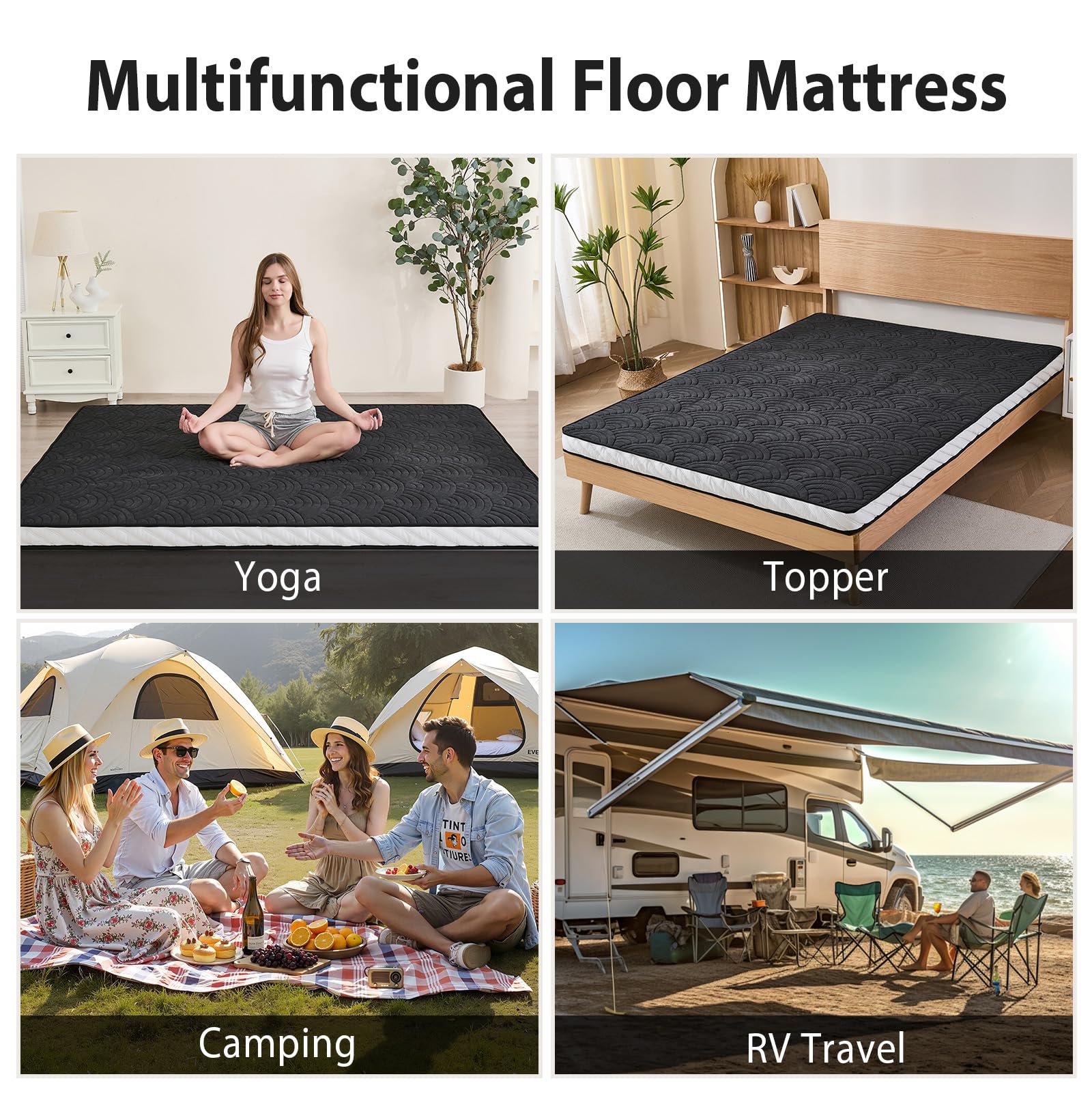 Zelladorra Japanese Floor Mattress, Quilted Futon Mattress with Anti-Slip Bottom, Foldable Floor Bed with Storage Bag and Straps, (Black, Full)