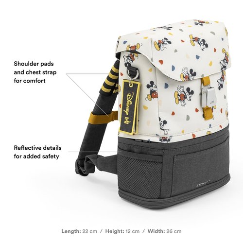 Stokke JetKids BackPack, Mickey Celebration - Expandable Design for Kids 2-7 Years Old - Easy-to-Clean, Water Repellent Fabric - Includes Pull-Out Seat Pad, Name Tag & Detachable Captain Stripes
