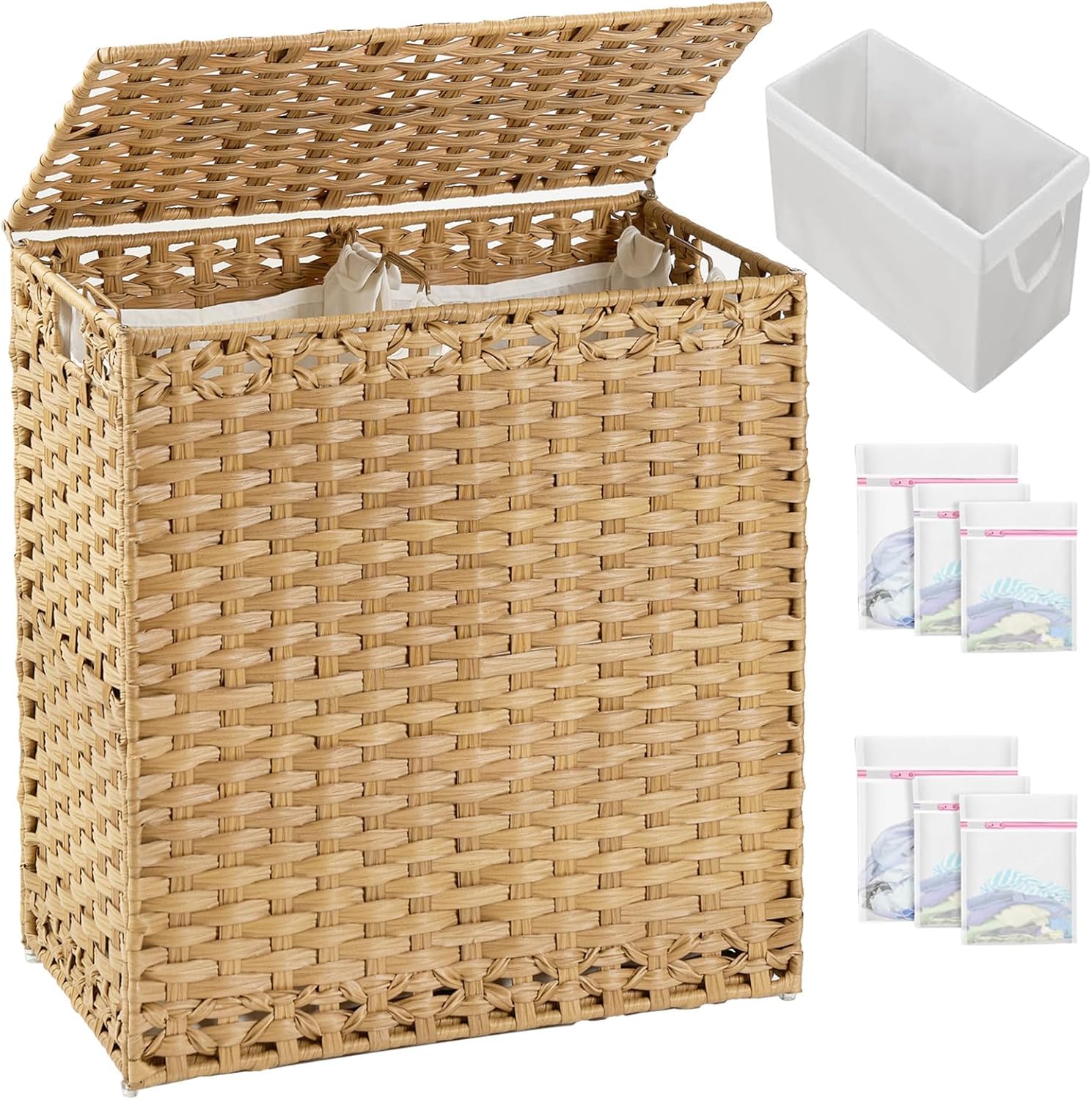 SETVSON Laundry Hamper - Handwoven Rattan Basket with Lid & 3 Removable Liners | 112L (29.6 Gal)