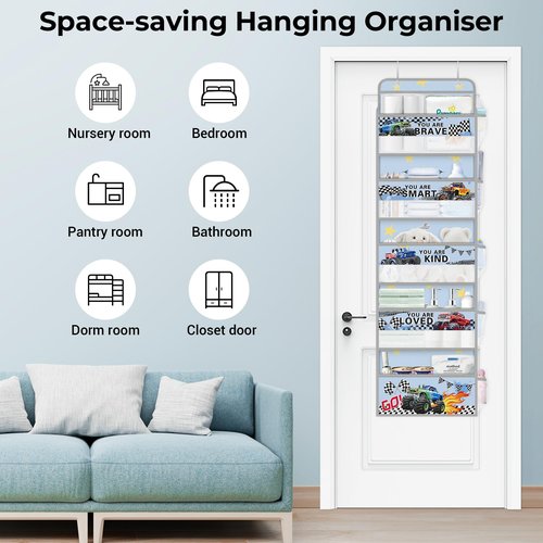 Clastyle Car Over the Door Organizer Nursery Hanging Storage Organizer for Boys Clothes Diaper Toy Closet Door Hanging Shelf Storage for Bedroom Bathroom Pantry, Off-Road Vehicle, 5-Tier