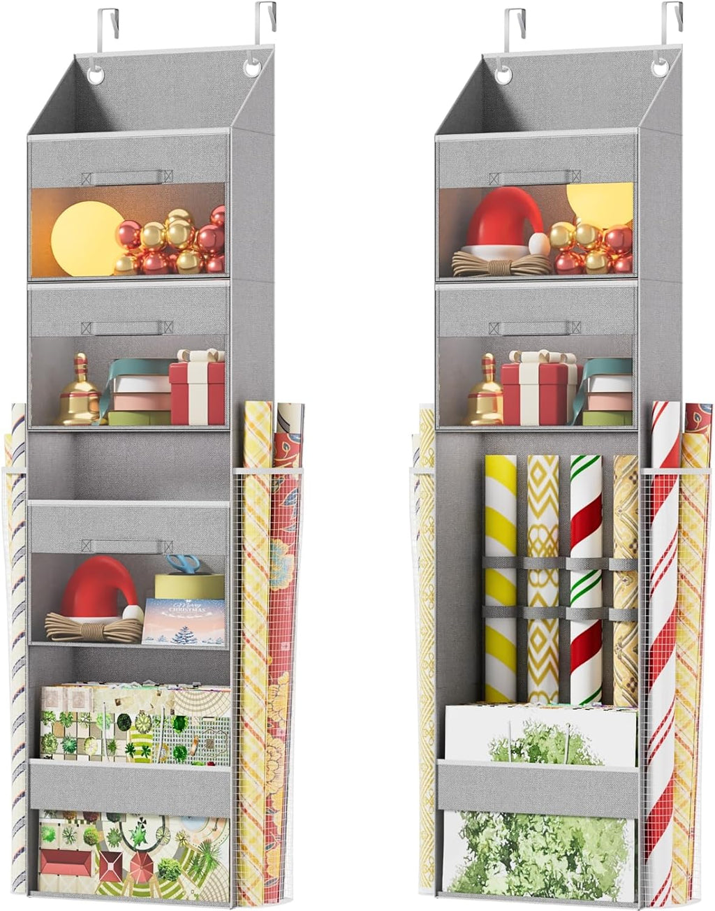 Skiennix Over Door Wrapping Paper Organizer - Light Grey Storage with 3 Removable Drawers & Side Pockets