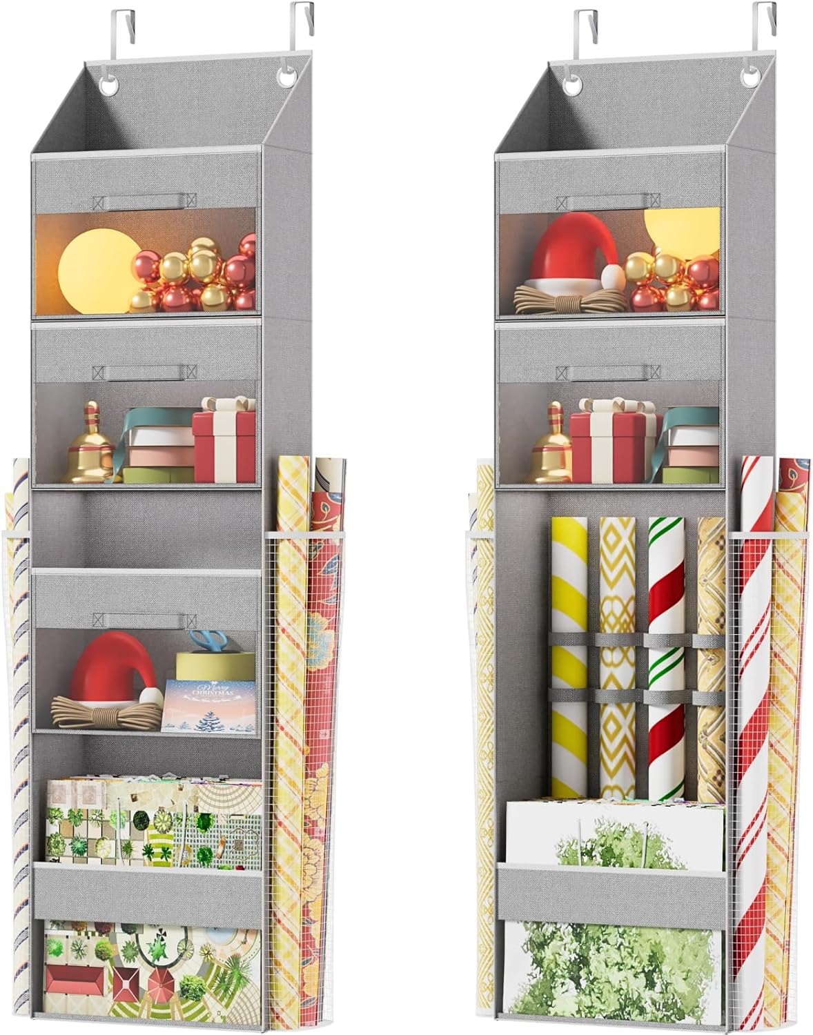 Skiennix Over Door Wrapping Paper Organizer - Light Grey Storage with 3 Removable Drawers & Side Pockets
