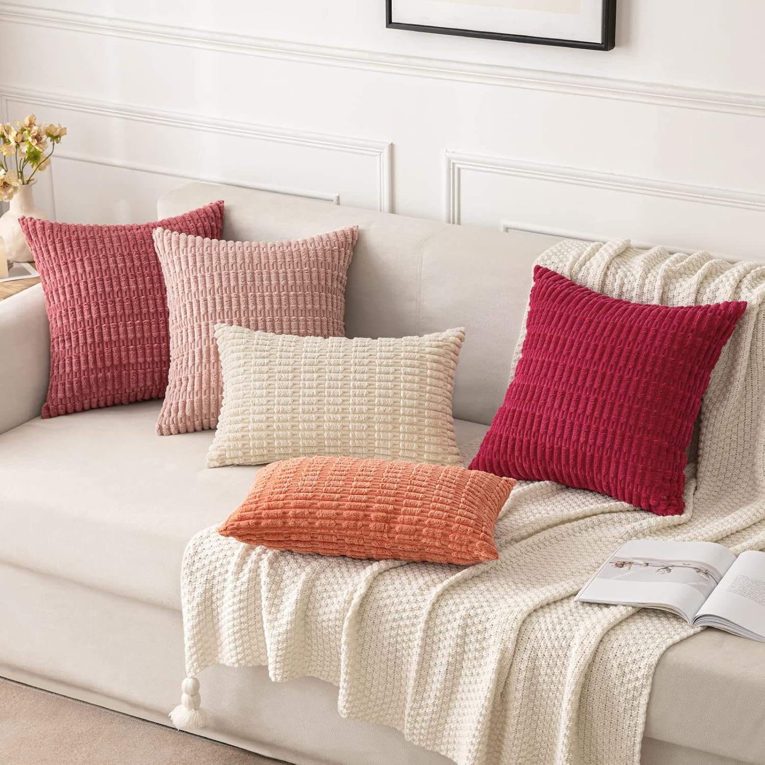 MIULEE Corduroy Throw Pillow Covers - Soft Boho Striped Design | 18x18 Inch for Modern Farmhouse Decor