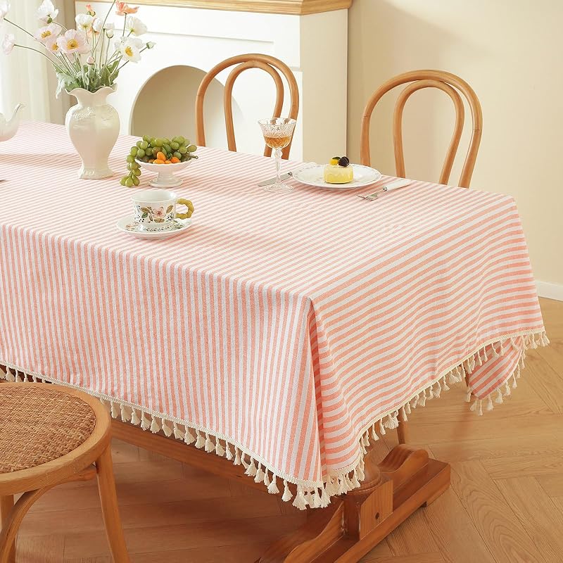 Meioro Orange & White Striped Cotton Tablecloth 39x55 Inch — Rectangular with Tassel Fringe (Variation: Bright Orange + 55x39)