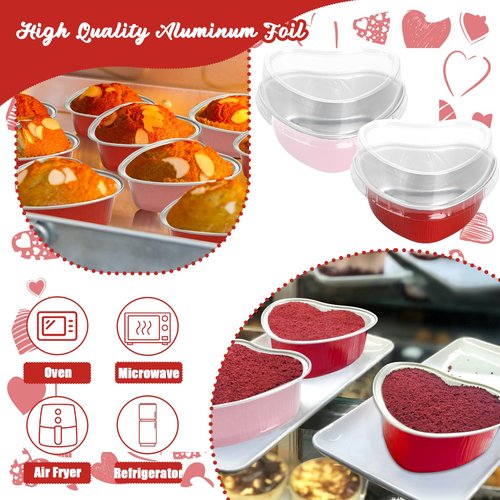 100 Pcs Heart Shaped Cake Pans with Lids Mini Aluminum Foil Cupcake Baking Tins 3.4 Oz Disposable Heart Shape Containers for Valentine's Day, Mother's Day, Wedding, Christmas (Red, Pink)