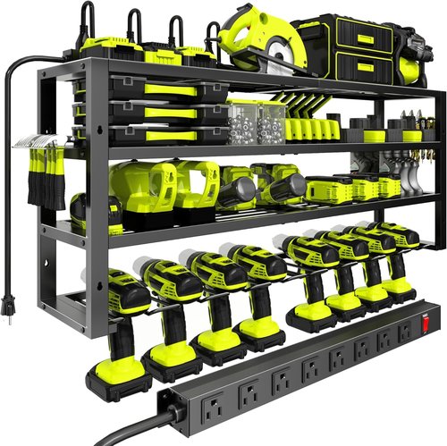 Heavy Duty Tool Organizer by [Brand Name] - Wall Mount with Charging Station & 8 Outlet Power Strip | 4 Layers for 8 Drills, Supports 420lbs