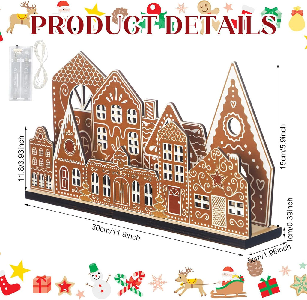 Rossesay Gingerbread House Tabletop Decorations - Light-Up Wooden Christmas Village Centerpiece | Rustic Farmhouse Decor