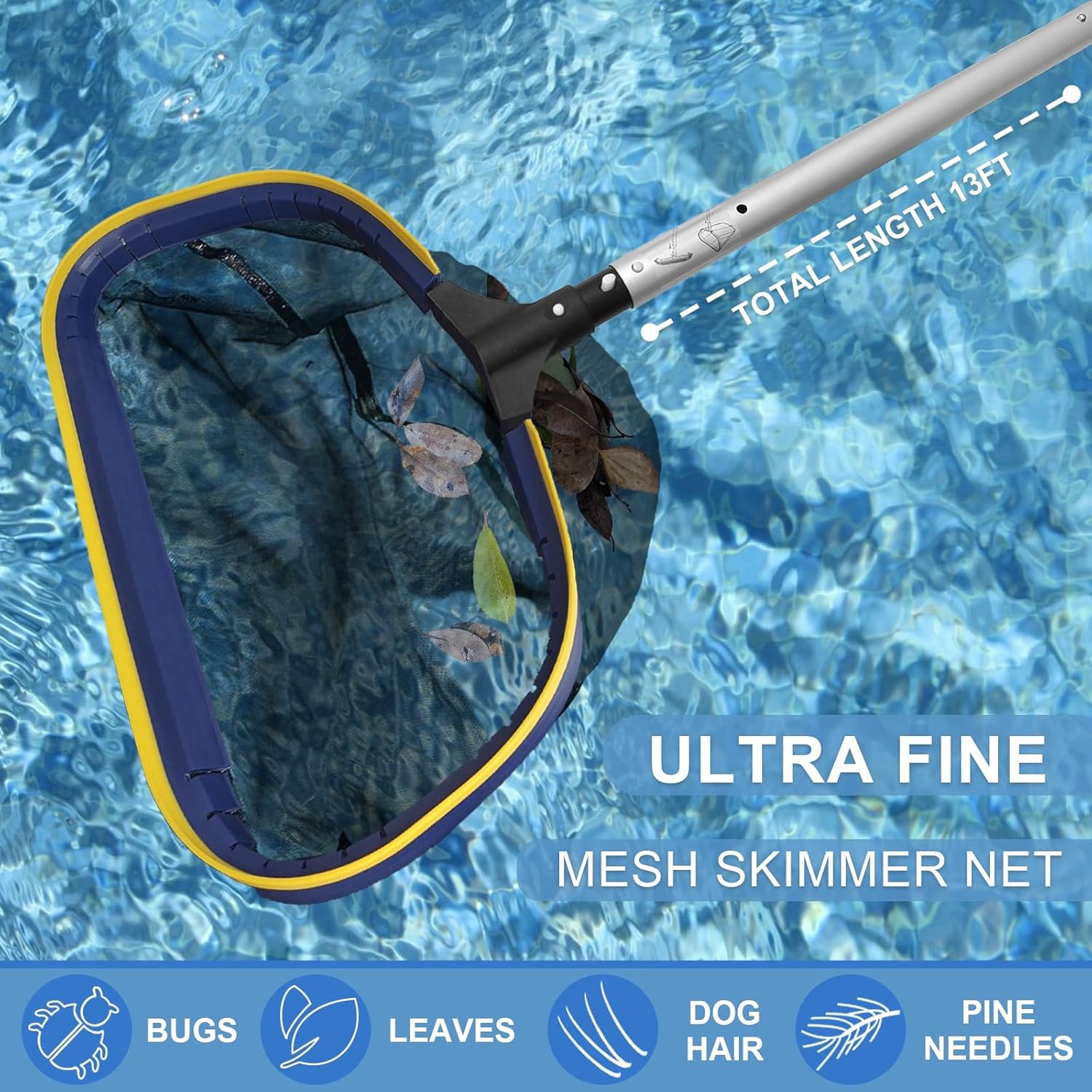 Poolvio 5-in-1 Pool Cleaning Kit - Semi-Deep Skimmer, Aluminum Leaf Rake & 20' Brush with 13' Pole