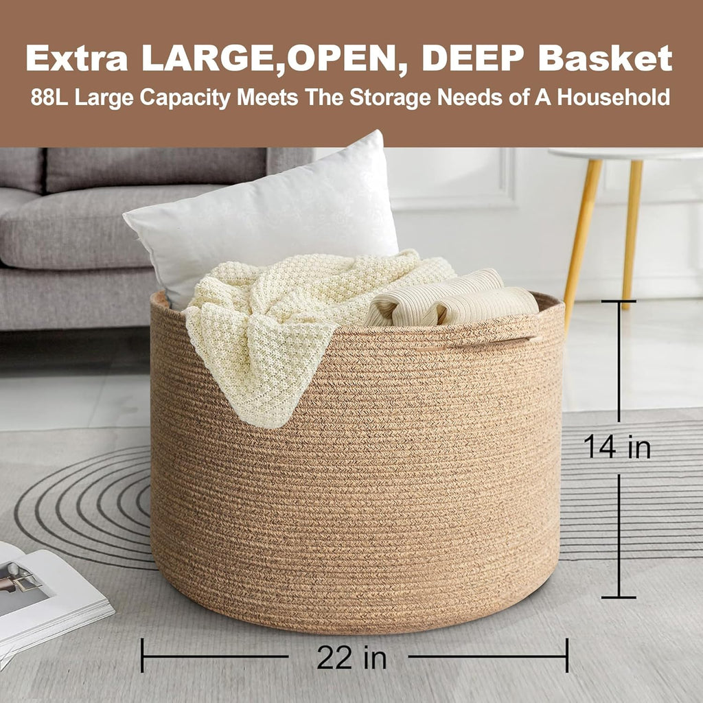MEGASKET Large Wicker Storage Basket - 22” X 22” X 14” Cotton Rope Organizer for Kids & Pets | Brown Variegated Design