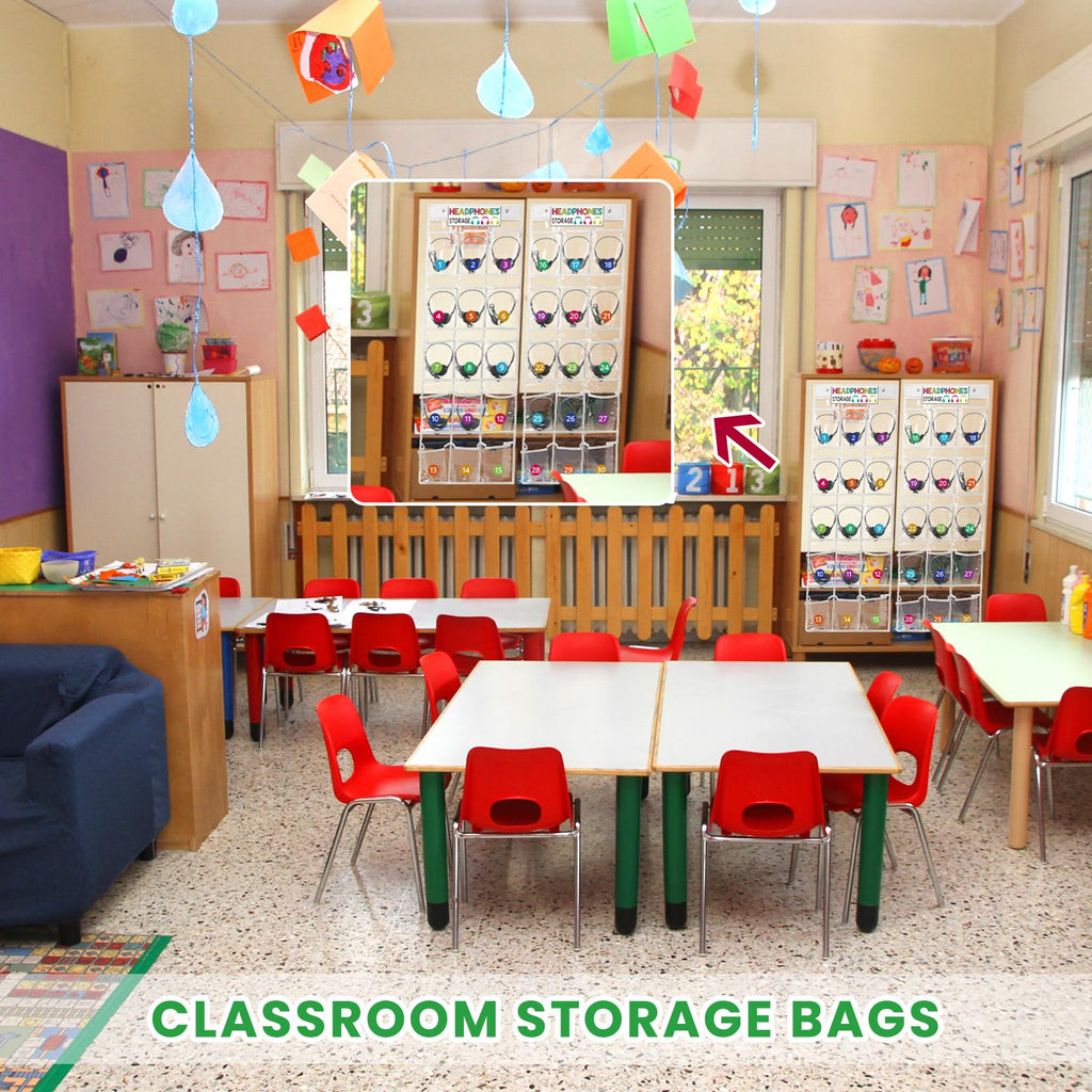 Vincreem 2 Pcs Over The Door Hanging Classroom Headphone Storage Organizer 30 PVC Clear Organizer Holder Pockets with 2 Pcs Headphone Storage Cards with Digital Stickers for Library Door Hanger