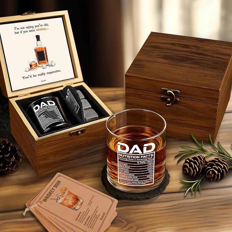 Dad Nutrition Facts Whiskey Gift Set in Wooden Box – 11oz Glass, Coaster, Recipe Cards – Variation of THIS listing