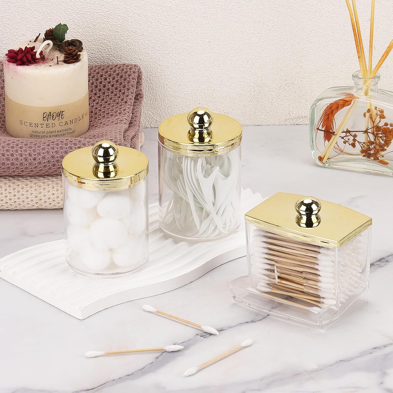 Tbestmax Cotton Ball Holder - 10oz Apothecary Jar with Gold Lid | Bathroom Organizer for Swabs & Pads