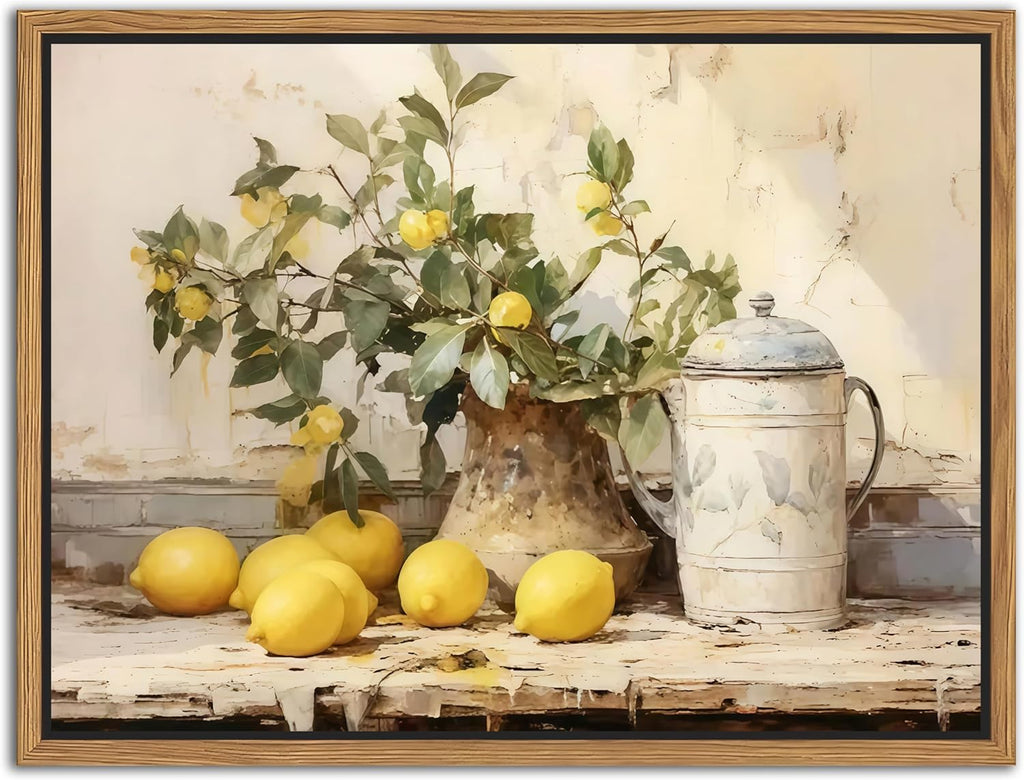 Vintage Kitchen Wall Art by Floating Framed | Yellow Lemon Still Life Canvas Print 12x16 Inch