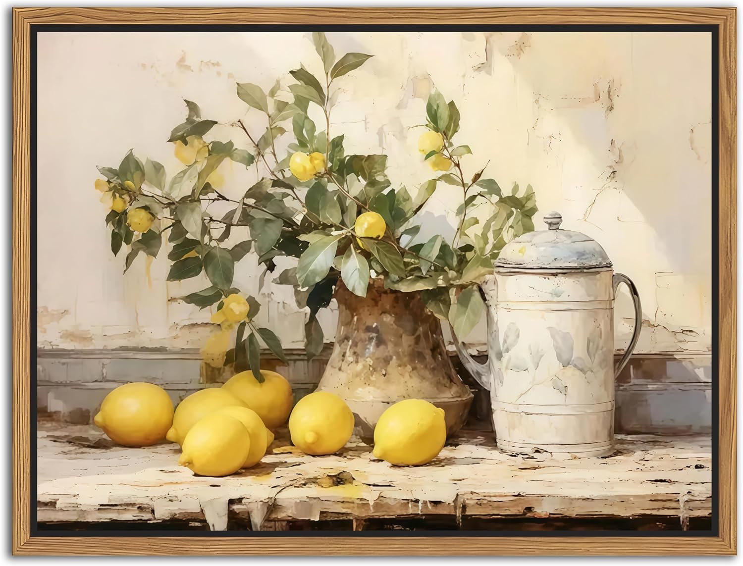 Vintage Kitchen Wall Art by Floating Framed | Yellow Lemon Still Life Canvas Print 12x16 Inch