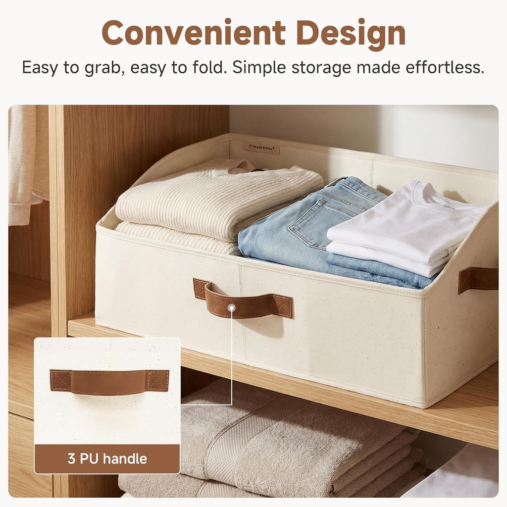 StorageWorks Trapezoid Storage Bins - Large Ivory White Fabric Closet Organizers | 3-Pack for Clothes, Toys, Towels