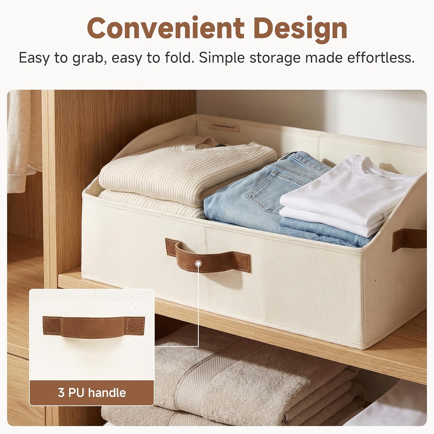 StorageWorks Trapezoid Storage Bins - Large Ivory White Fabric Closet Organizers | 3-Pack for Clothes, Toys, Towels