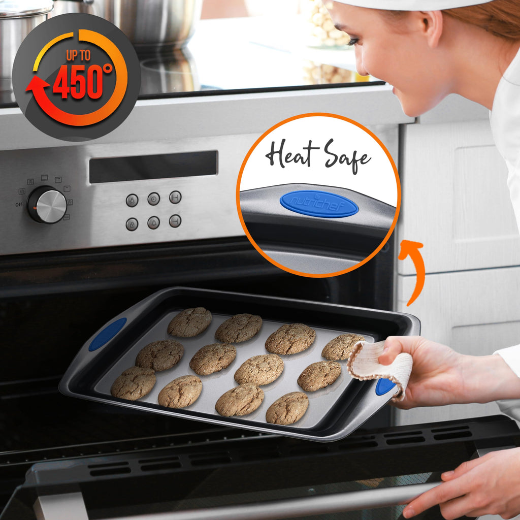 NutriChef 6-Piece Baking Pan Set - Carbon Steel Stackable Bakeware with Blue Silicone Handles & Nonstick Coating, Includes Cookie Sheets, Roaster Pan with Lid, Loaf Pan, and 12 Cup Muffin Pan (Gray)