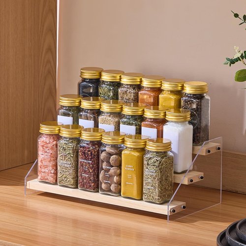 Fiwence 24 Pcs Glass Spice Jars with 576 Labels, 4oz Empty Square Spice Containers,Seasoning Bottles with Gold Metal Caps - Shaker Lids, Funnel and Pen Included