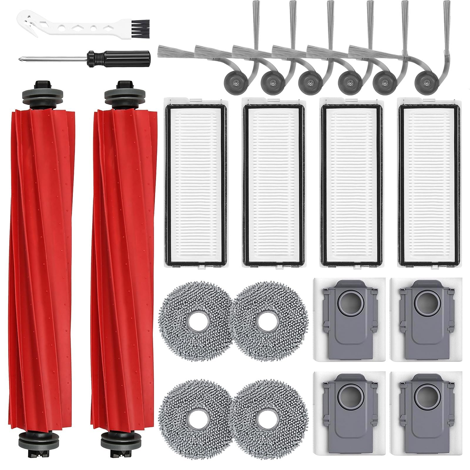 Roborock Accessories Replacement Kit Compatible with QV 35A 35S Qrevo S Pro Robot Vacuum Cleaner, 2 Main Brush Roller, 4 Hepa Filters, 4 Mop Pads, 6 Side Brushes, 4 Dust Bags, 2 Tool