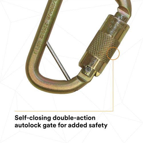 3M DBI-SALA Saflok 2000117 Carabiner, 11/16" Gate Opening Steel, with Self Closing Locking Gate, Yellow-Zinc