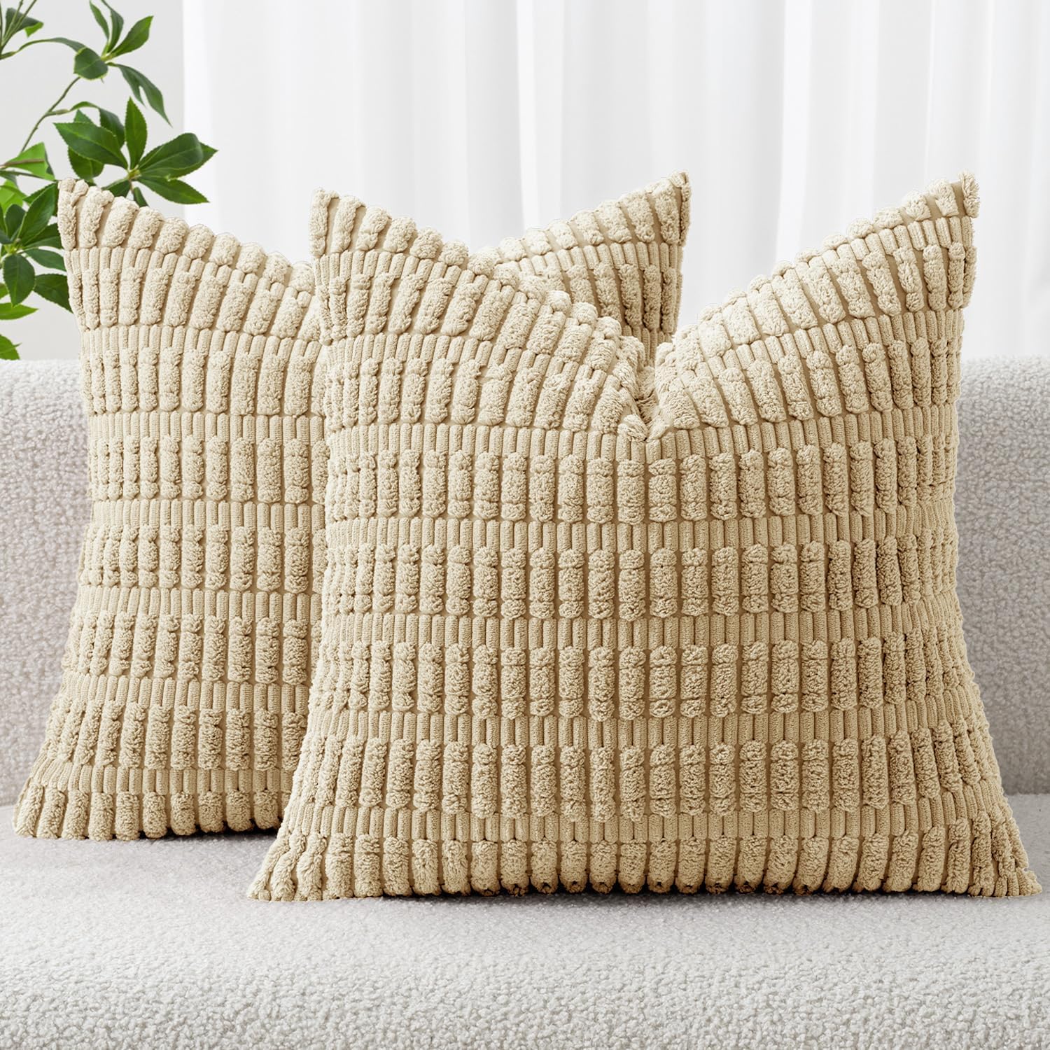 MIULEE Corduroy Throw Pillow Covers - Soft Boho Striped Design | 18x18 Inch Tan Decorative Pillows for Home Decor