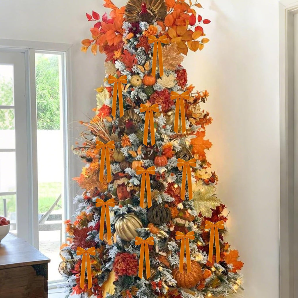 Skiennix 12Pcs Fall Velvet Ribbon Bows - 5in x 10in Orange Christmas Ornaments for Holiday Decor