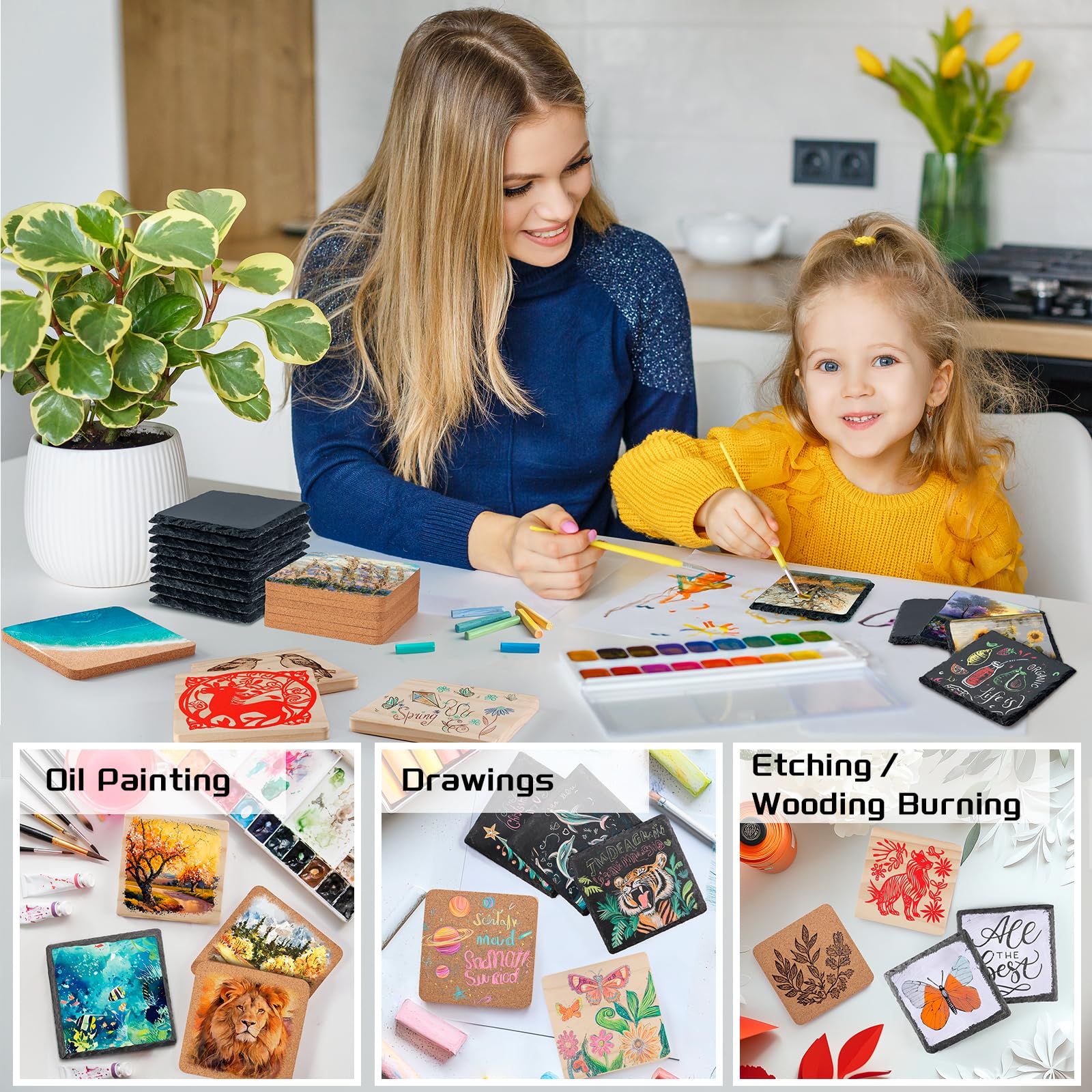 90 PCS Coaster Bulk for Laser Engraving, MAPRIAL 4 Inch 30 PCS Blank Black Slate Stone, 30P Cork Coasters, 30 PCS Wood, Engravable Materials for Engraver, Mom Gifts, Painting, Crafts, Square