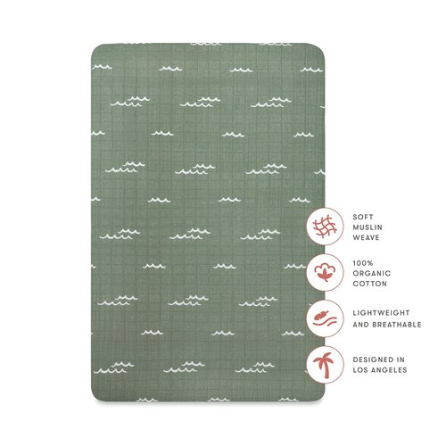 Babyletto 100% Organic Cotton Mini Crib Sheet, GOTS-Certified, Fitted 360°, Ultra-Soft and Breathable Muslin - Ocean Waves