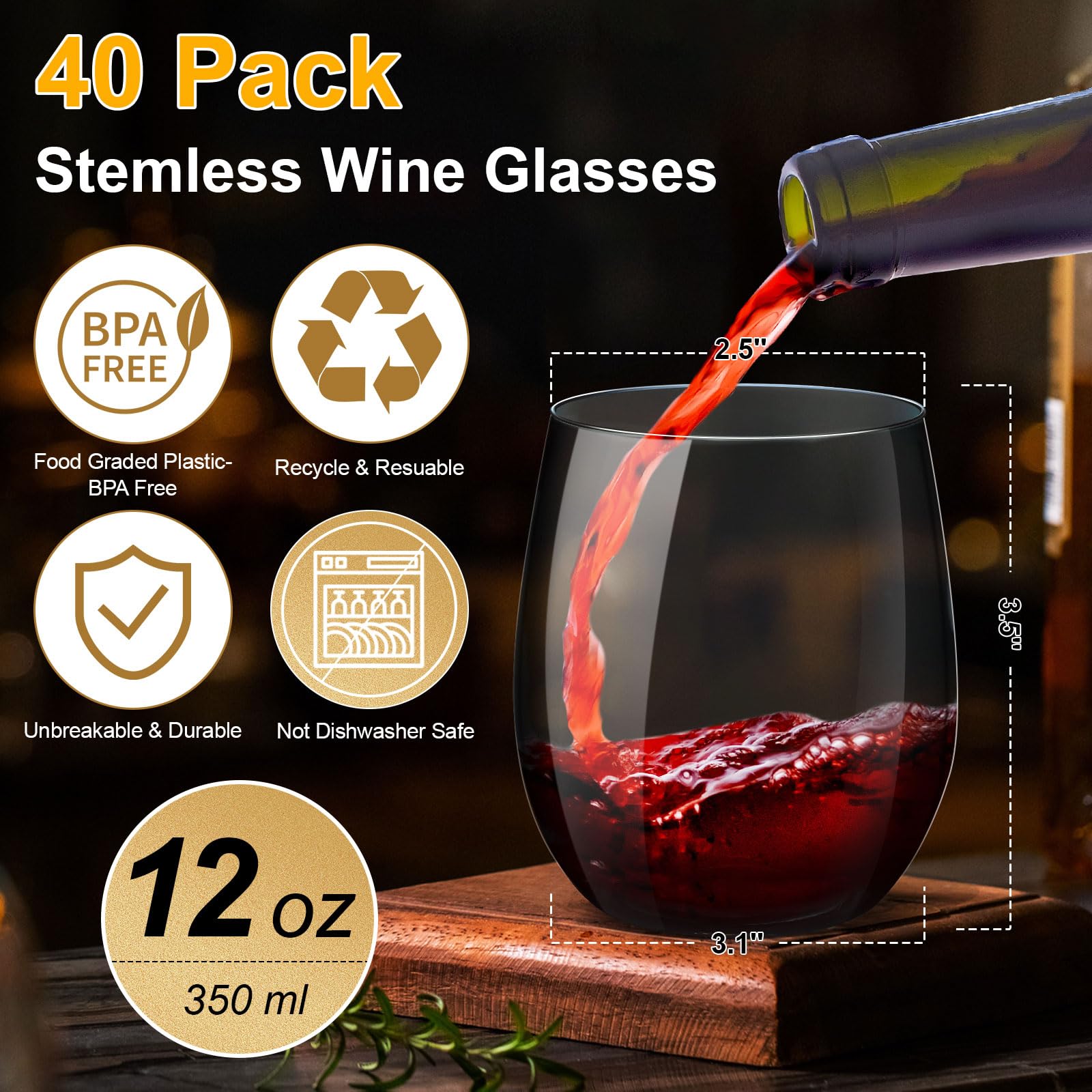 OTOB 40 Pack Reusable Stemless Plastic Wine Glasses, 12 OZ Unbreakable Champagne Whiskey Glass, Round Clear Disposable Cocktail Glasses Wine Cups BPA-Free, Ideal for Home Office Bar Party Wedding