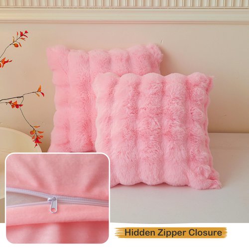 LIFEREVO Pack of 2 Fluffy Faux Rabbit Fur Throw Pillow Covers, Cute Plush Shaggy 18x18 Bubble Waffle Cushion Covers Zipper Closure, Home Decorative Furry Fuzzy Pillow Shams for Kids Girls Adults, Pink