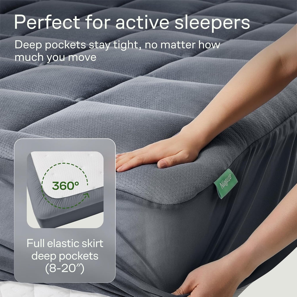 Niagara Sleep Solution Queen RV Size Mattress Topper - Ultra Soft Bamboo Pillow Top for Back Pain Relief | Naturally Cooling, Gray