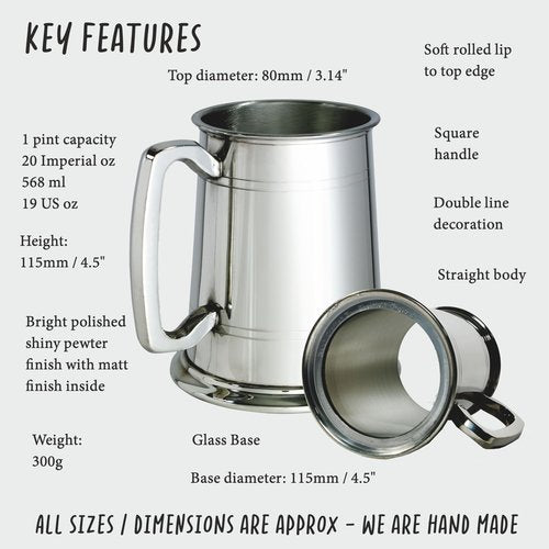 Glass Base 1 Pint Pewter tankard with line decoration (Glass Base Tankard)