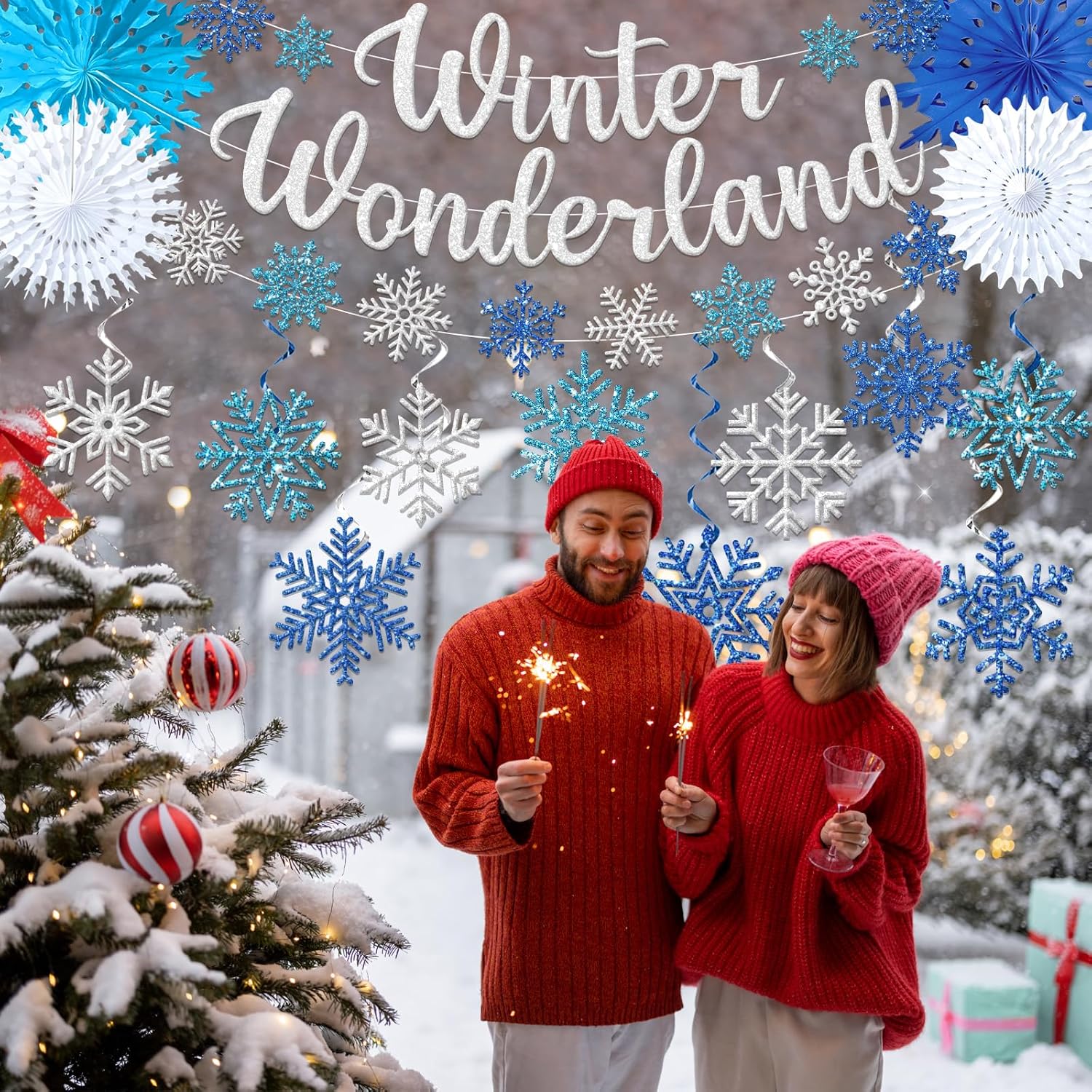 Winter Wonderland Decorations - Blue Glitter Banner & Snowflake Ornaments for Festive Indoor Decor