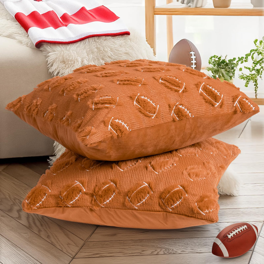 Emvency Football Throw Pillow Covers 18x18 Set of 2, Brown Sports Room Decor Cute Western Soft Plush Faux Fur Wool Aesthetic Decorative Pillow Case for Couch Bed Sofa Living Room