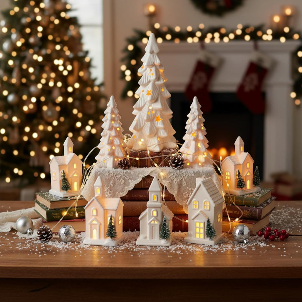 Nuogo Light Up Ceramic Christmas Trees Set - 6 Pcs White Porcelain with LED Lights & Glitter Snow for Holiday Decor