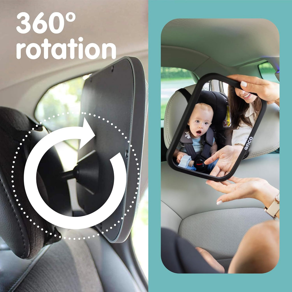 Onco Baby Car Mirror - 100% Shatterproof & Shakeproof Rear Facing Mirror with 360° Rotation | 2 Pack (9.6 x 6.9 in)