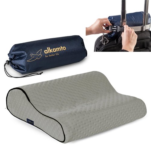 alkamto Travel & Camping Comfortable Memory Foam Pillow – Easy to Carry Portable Bag – Temperature Regulating Pillow Case (Grey Contour)